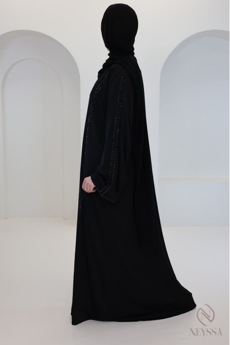 Abaya Dubaï luxe noir avec perles brodées, coupe évasée moderne