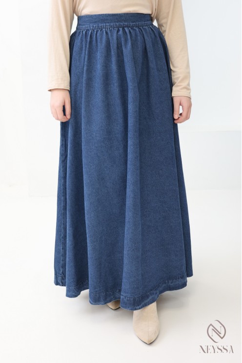 Long raw denim skirt without slits, flared cut for modest women