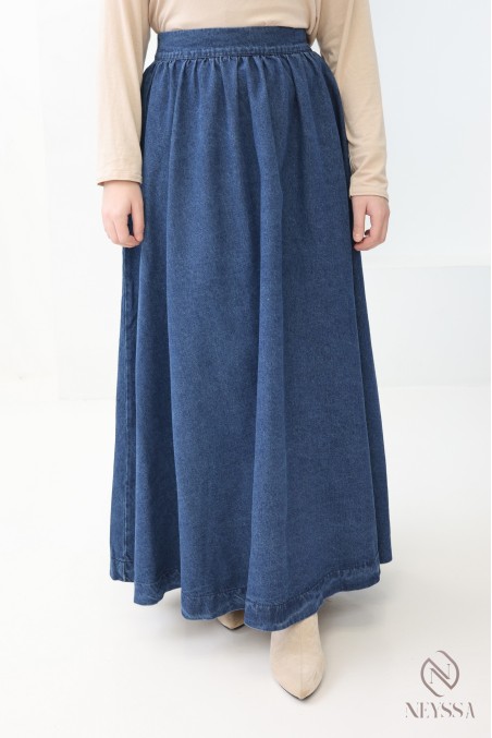 Long raw denim skirt without slits, flared cut for modest women