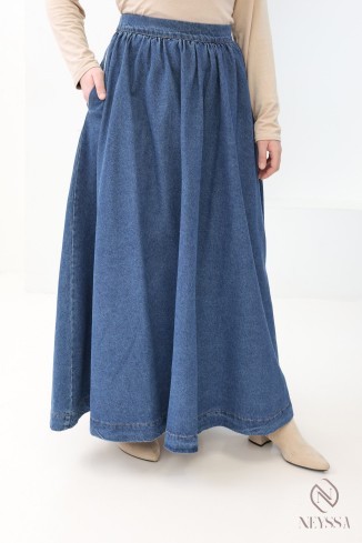 Long raw denim skirt without slits, flared cut for modest women