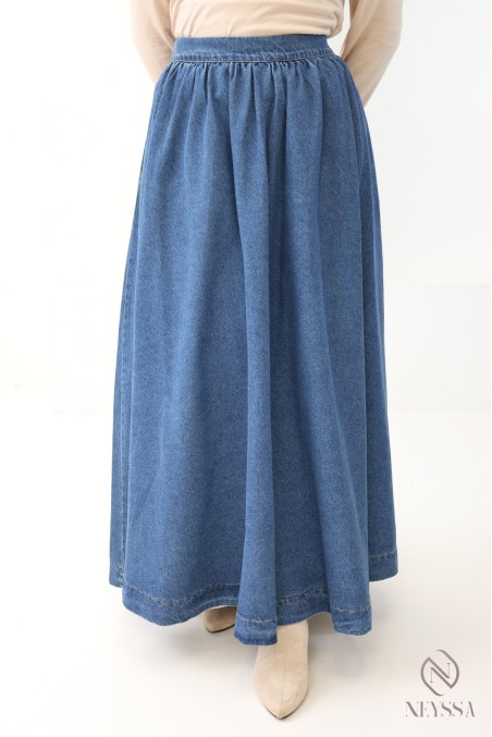 Long raw denim skirt without slits, flared cut for modest women