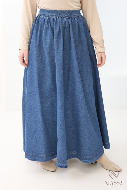 Long raw denim skirt without slits, flared cut for modest women