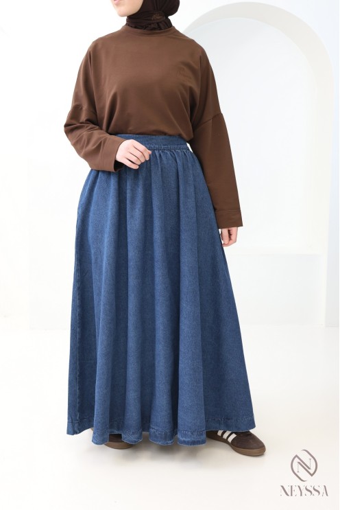 Long skirt in dark raw denim, 100% cotton, for modest women