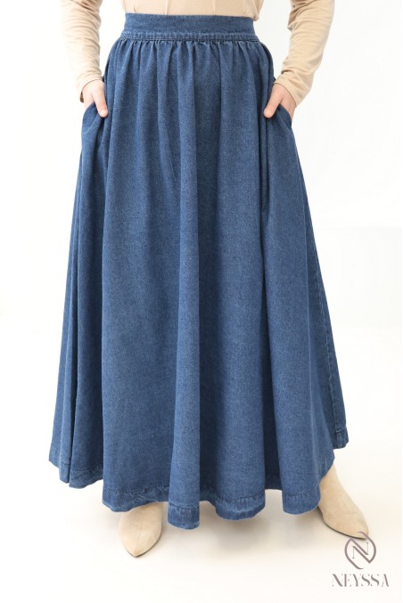 Long skirt in dark raw denim, 100% cotton, for modest women