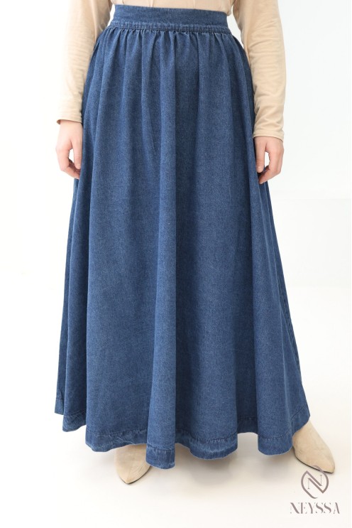 Long skirt in dark raw denim, 100% cotton, for modest women