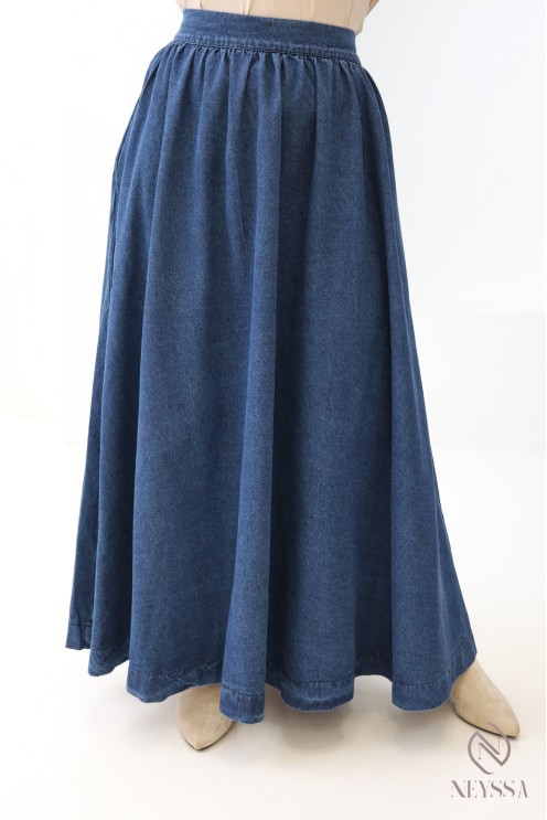 Long skirt in dark raw denim, 100% cotton, for modest women