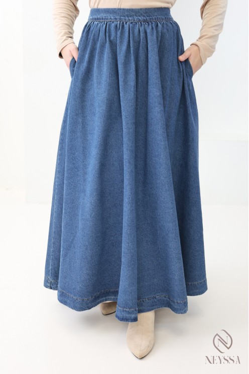 Set aus langem, ausgestellten Rock + Kimono-Oberteil aus Raw Denim