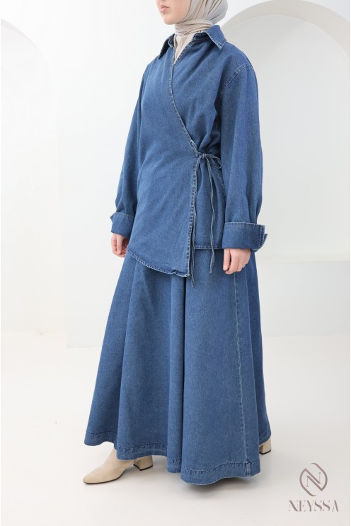 Ensemble jupe longue évasée + haut kimono en jean Brut femme