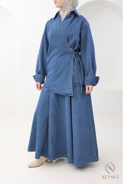 Set aus langem, ausgestellten Rock + Kimono-Oberteil aus Raw Denim