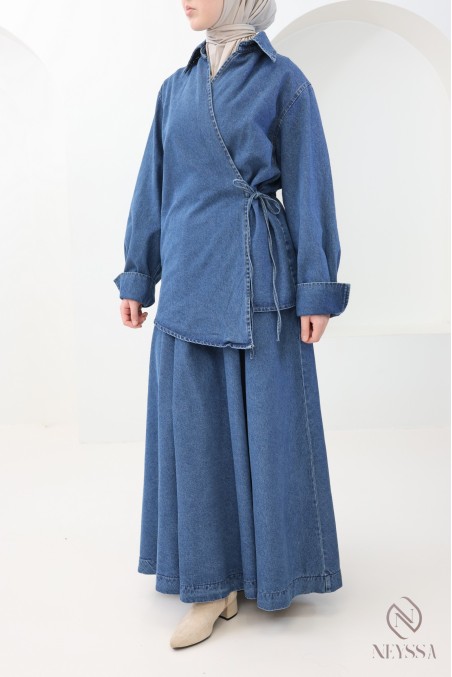 Set aus langem, ausgestellten Rock + Kimono-Oberteil aus Raw Denim