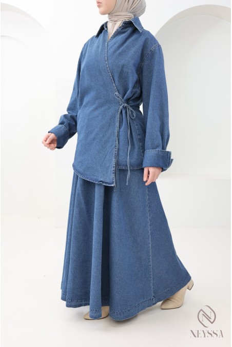 Ensemble jupe longue évasée + haut kimono en jean Brut femme