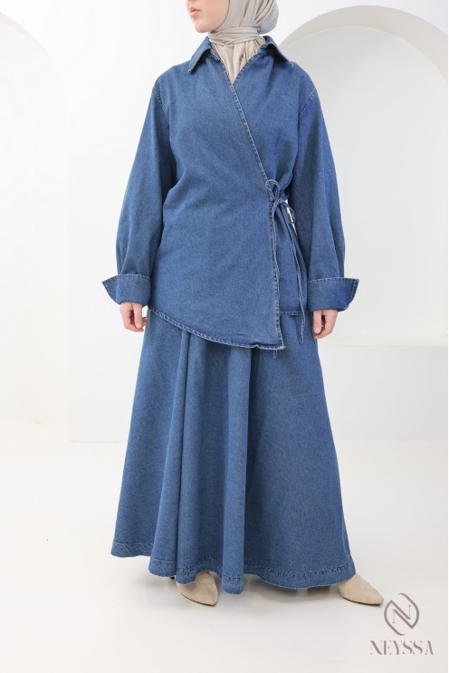 Set aus langem, ausgestellten Rock + Kimono-Oberteil aus Raw Denim