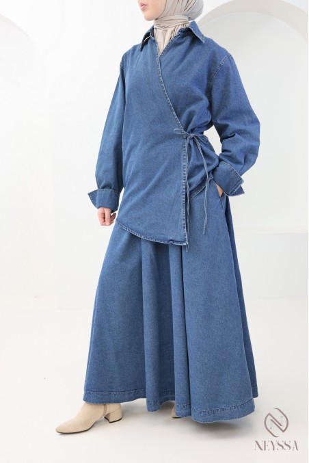 Ensemble jupe longue évasée + haut kimono en jean Brut femme