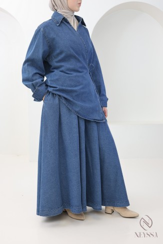 Long flared skirt + denim kimono top set for women 2