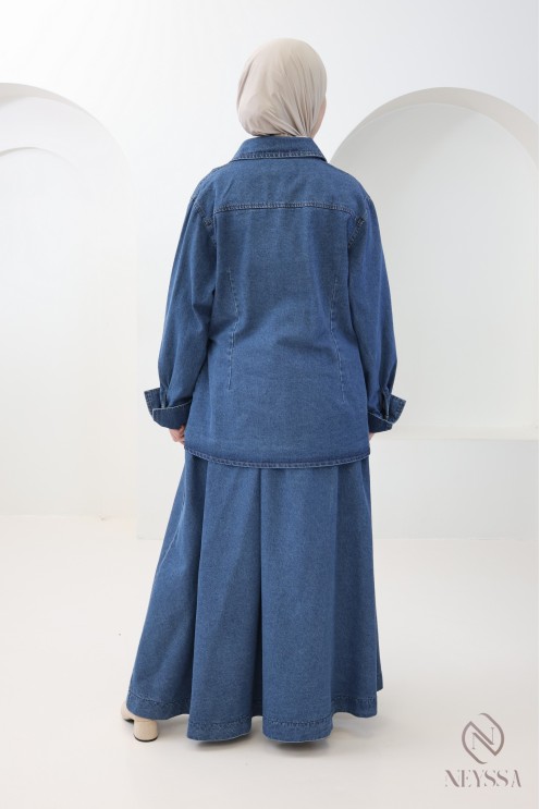 Long flared skirt + denim kimono top set for women