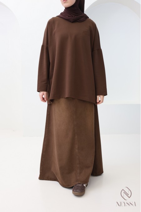 Long brown denim skirt without slits, 100% cotton, trendy hijabi style