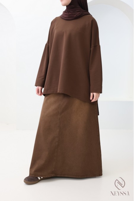 Long brown denim skirt without slits, 100% cotton, trendy hijabi style