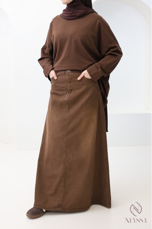 Long brown denim skirt without slits, 100% cotton, trendy hijabi style