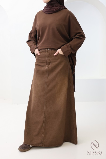 Jupe longue jean sans fentes browny 100% coton, hijabi tendance