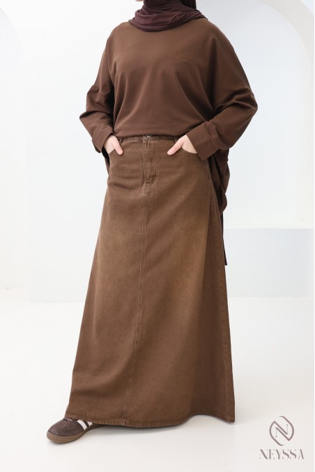 Jupe longue jean sans fentes browny 100% coton, hijabi tendance
