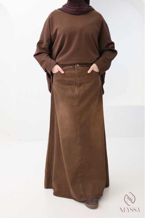Jupe longue jean sans fentes browny 100% coton, hijabi tendance
