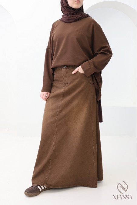Jupe longue jean sans fentes browny 100% coton, hijabi tendance