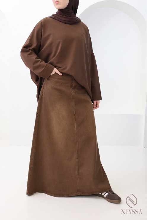 Jupe longue jean sans fentes browny 100% coton, hijabi tendance