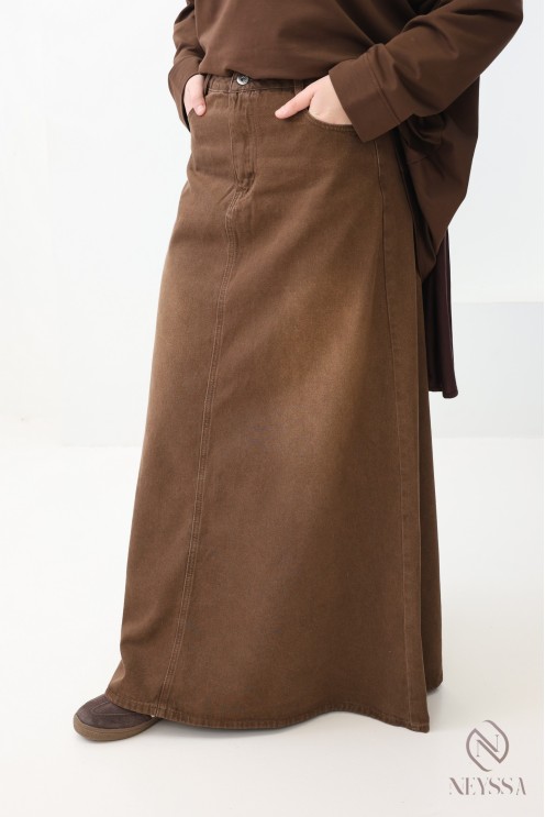 Jupe longue jean sans fentes browny 100% coton, hijabi tendance