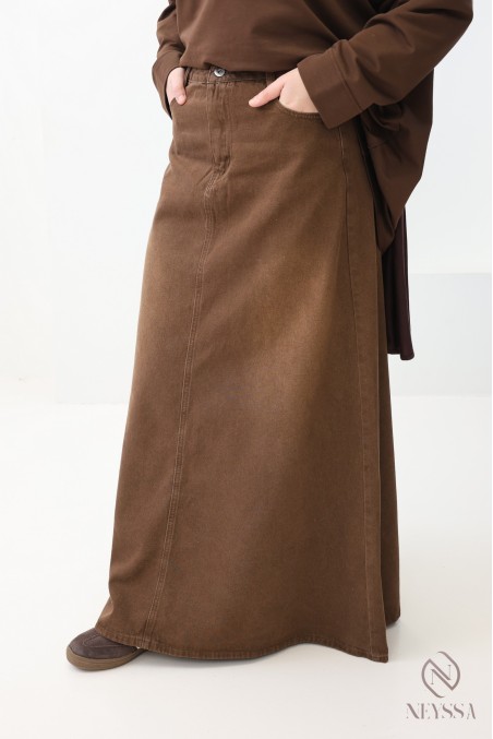 Jupe longue jean sans fentes browny 100% coton, hijabi tendance