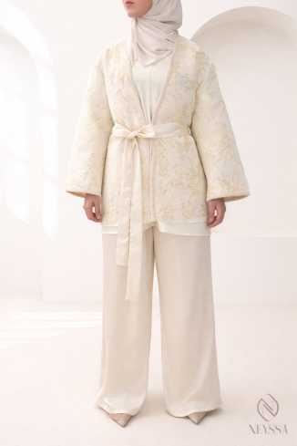 4-piece beige brocade kimono set for women, trendy outfit