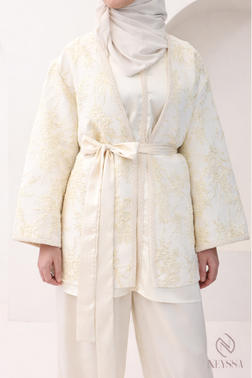 Ensemble 4 pièces kimono brocart femme beige, tenue tendance