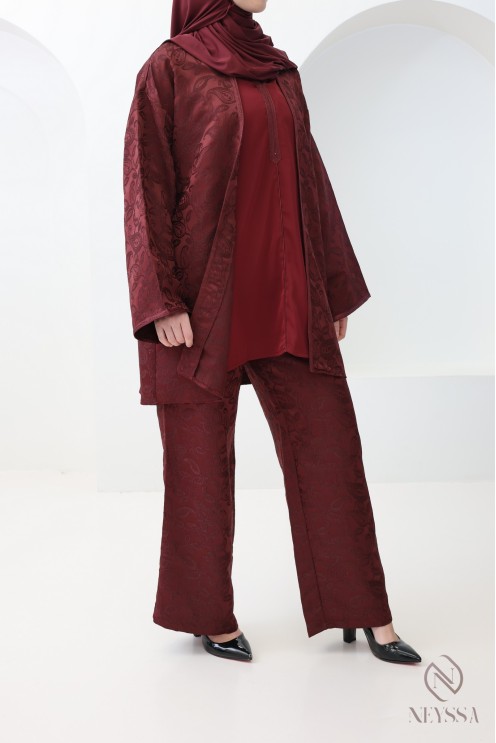 Ensemble femme 4 pièces style caftan brocart avec sfifa bordeaux