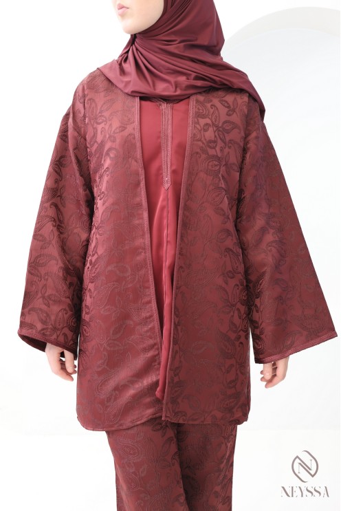 Ensemble femme 4 pièces style caftan brocart avec sfifa bordeaux