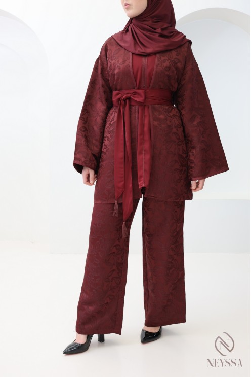 4-piece brocade caftan-style women's outfit with burgundy sfifa