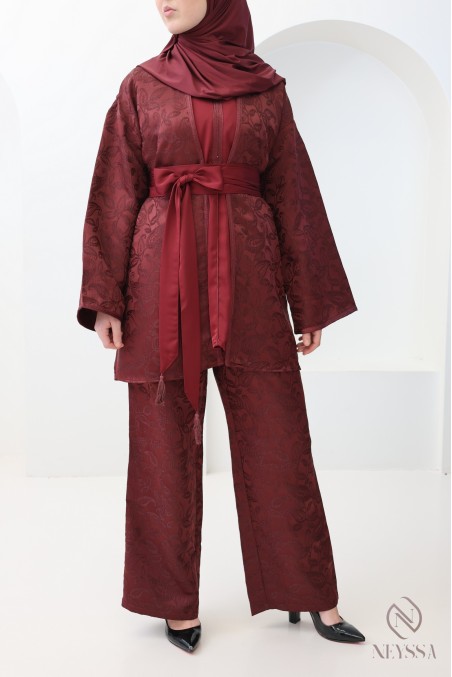4-piece brocade caftan-style women's outfit with burgundy sfifa