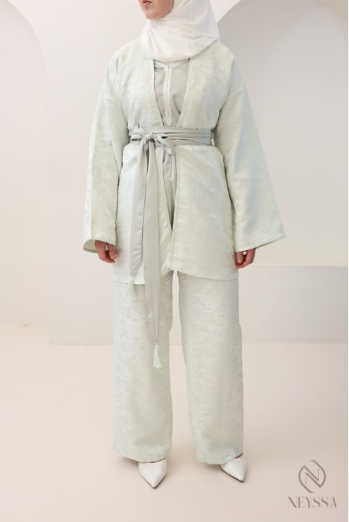 Women's 4-piece sea green brocade set, kimono and palazzo trousers