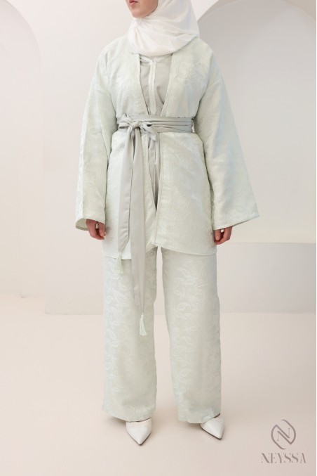 Ensemble brocard 4 pièces femme vert d'eau, kimono et palazzo de fêtes