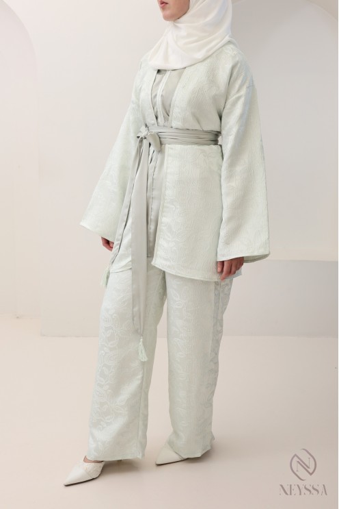 Ensemble brocard 4 pièces femme vert d'eau, kimono et palazzo de fêtes