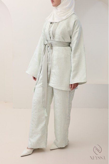 Women's 4-piece sea green brocade set, kimono and palazzo trousers