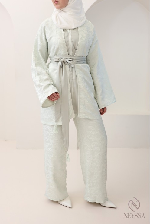 Ensemble brocard 4 pièces femme vert d'eau, kimono et palazzo de fêtes