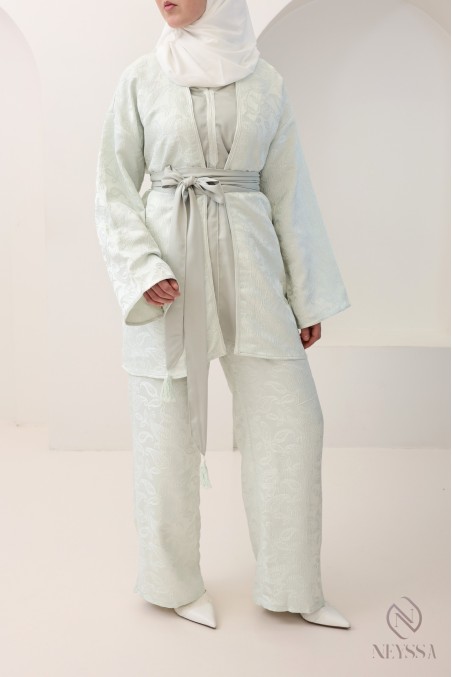 Ensemble brocard 4 pièces femme vert d'eau, kimono et palazzo de fêtes