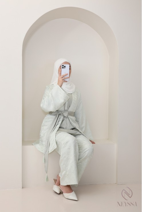 Ensemble brocard 4 pièces femme vert d'eau, kimono et palazzo de fêtes