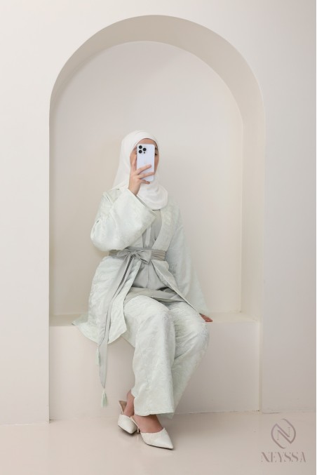 Ensemble brocard 4 pièces femme vert d'eau, kimono et palazzo de fêtes