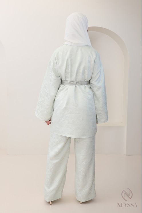 Women's 4-piece sea green brocade set, kimono and palazzo trousers