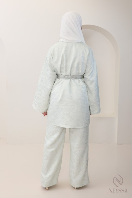 Women's 4-piece sea green brocade set, kimono and palazzo trousers