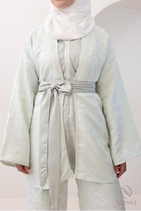 Ensemble brocard 4 pièces femme vert d'eau, kimono et palazzo de fêtes