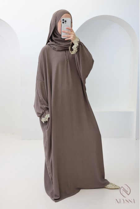 Butterfly cut prayer dress with integrated hijab and gold embroidery