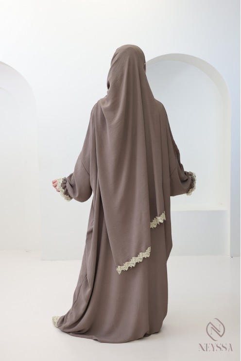 Butterfly cut prayer dress with integrated hijab and gold embroidery