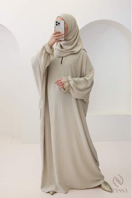 Robe de prière coupe papillon hijab intégré, avec broderie dorée