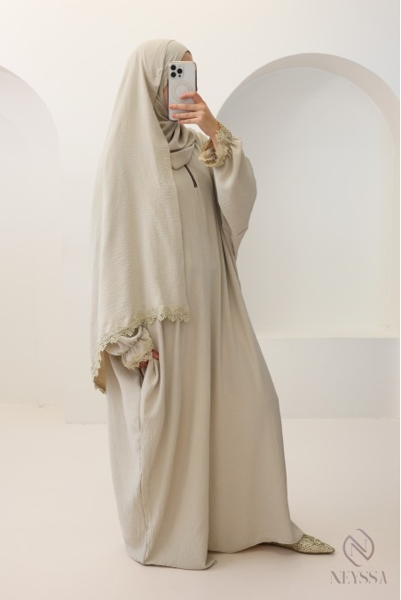Butterfly cut prayer dress with integrated hijab and gold embroidery